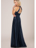 V Neck Navy Blue Satin Bridesmaid Dress